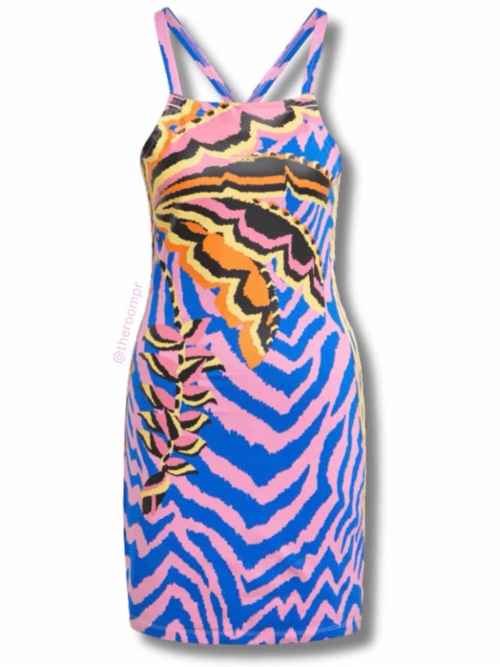 Bold Pink & Blue Strappy Mini Dress with Graphic Print